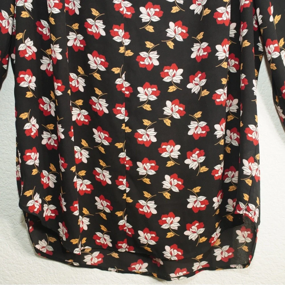 Pleione Blouse Womens Large 3/4 Long Sleeve Black Floral Print Shirt Lightweight - Picture 2 of 12